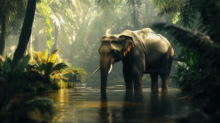 Fototapeta premium Majestic Elephant Wandering Through Lush Tropical Jungle Waters