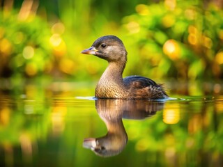 Immature Pied-billed Grebe in a Serene Wetland Setting with Tilt-Shift Effect - Nature Photography of Aquatic Birds, Wildlife, and Habitat Conservation