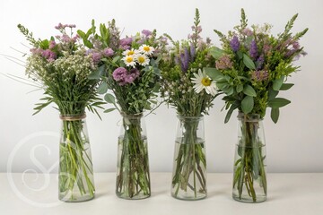 Obraz premium Four identical glass vases filled with a variety of fragrant wildflowers and greenery creating a lush atmosphere, glass vases, wildflower arrangements, floral displays