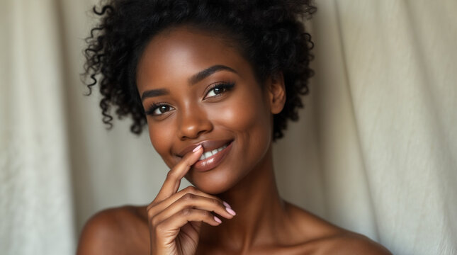 A beautiful African American model touching a finger to her lips and smiling. Short curly hair and bare shoulders. She is standing against a neutral cloth curtain. Skin care and natural cosmetics.