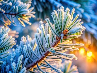 Frost-Covered Pine Branch in Winter Wonderland - Close-Up Landscape Photography, Nature's Icy Beauty, Winter Textures, Seasonal Scene, Outdoor Close-Up, Tranquil Nature Shot