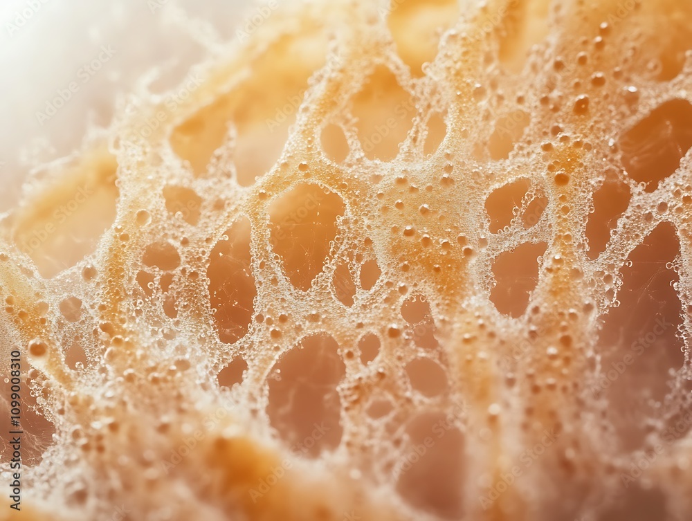 Poster close-up of foamy, bubbly texture with orange hue and intricate pattern.