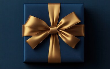 A realistic 3D render of a golden ribbon with a delicate bow placed on a deep blue gift box, viewed from above. 
