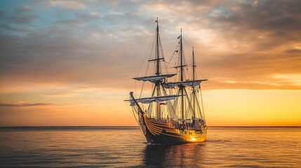 Obraz premium Majestic Sailing Ship at Sunset: A Golden Hour Seascape