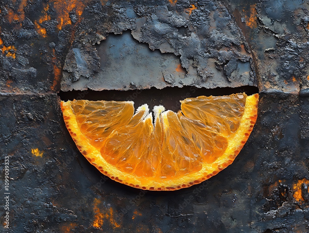 Poster here's a description of the image, following your specifications orange slice on rusty metal.