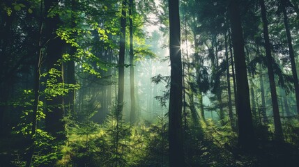 Obraz premium Dense forest with sunlight filtering through the trees, creating a serene and peaceful atmosphere