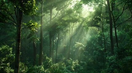 Obraz premium Dense forest with sunlight filtering through the trees, creating a serene and peaceful atmosphere