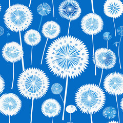 Obraz premium Many white dandelions, different sizes, full area, blue background, seamless vector file.