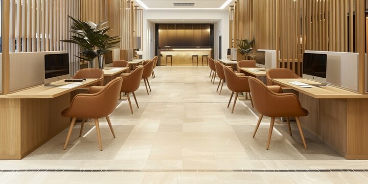 modern, minimalist business center or hotel lobby provides computer workstations for guests. Located in a contemporary setting, this image is ideal for travel, hospitality