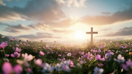 Christian cross on beautiful spring field with flowers at sunrise. Resurrection of Jesus, crucifixion. Easter morning, Good Friday. Peace and hope. Religion and christianity concept