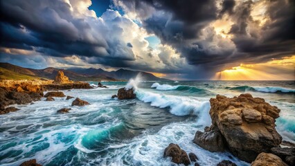 Obraz premium Dramatic Stormy Seas in Crete: Turbulent Waves Crash Against Rugged Rocks in a Breathtaking Coastal Landscape