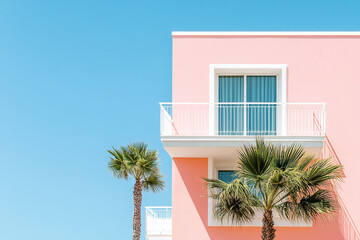 Fototapeta premium A contemporary coastal villa with soft pink exterior, minimalist white balconies.