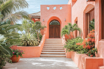 A boutique beach resort villa with peach-colored stucco walls.