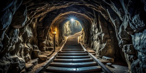 Naklejka premium Dark Tunnel with Carved Stairs in Solid Rock - Scary, Claustrophobic Atmosphere with Narrow Shadows