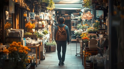 Obraz premium A lone traveler explores a vibrant Asian flower market, a journey filled with colorful blooms and urban exploration. Discover the beauty of daily life in this captivating street photograph.