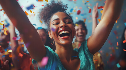 Obraz premium Joyful Woman Celebrating with Confetti at Party
