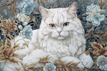 A close-up depicts a white cat with large, expressive eyes, lying against a background of exquisite floral patterns.  