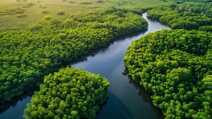 Dense mangrove forest along a coastline, highlighting the crucial role of coastal ecosystems in Earth's biodiversity