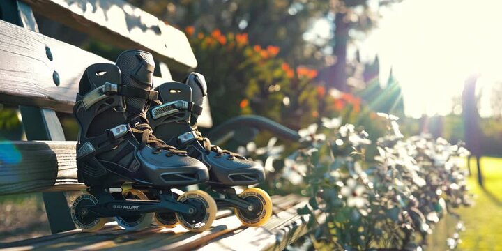 Pair of rollerblades by the park bench, 4K Video