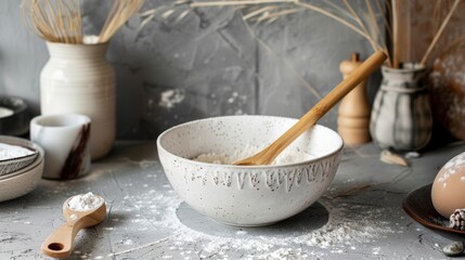 Rustic kitchen setup with a ceramic bowl and flour