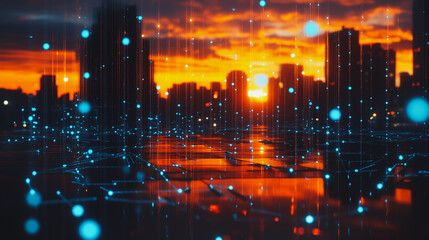 Obraz premium Smart digital Innovation city with connection network reciprocity over the sunset cityscape. of future wireless digital city and social media networking systems that connects people with in city