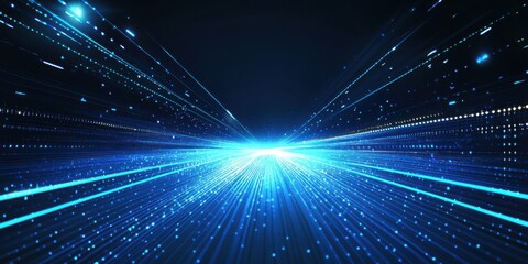 Fototapeta premium Abstract blue light speed background with laser rays and glowing flare in the center, motion blur effect, futuristic design concept for technology or science illustration