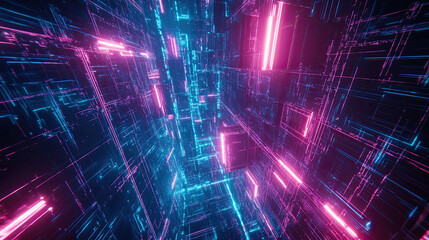 Fototapeta premium Abstract background with dynamic fractal waves and glowing grid patterns, blending digital textures and energy lines in a futuristic design, perfect for technology and cyberspace concepts