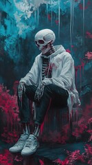 Obraz premium Contemplation of Mortality: A Digital Painting of a Skeleton in a Hoodie