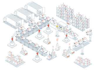 Obraz premium Warehouse simulation is a computer-based modeling tool that optimizes automated warehouse operations, including robotic transportation systems, to improve real-world performance and efficiency