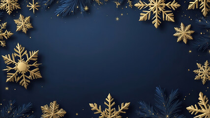  Elegant Christmas Background with Gold and Blue Snowflakes on a Dark Blue Backdrop