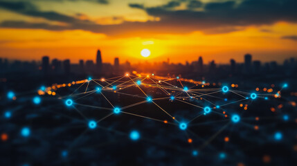 Fototapeta premium Smart digital Innovation city with connection network reciprocity over the sunset cityscape. of future wireless digital city and social media networking systems that connects people with in city