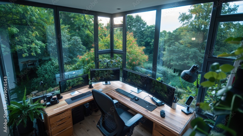 Poster creating an efficient remote work setup for digital nomads with floating screens in a serene home of
