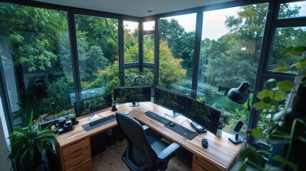 Fototapeta premium Creating an efficient remote work setup for digital nomads with floating screens in a serene home office environment
