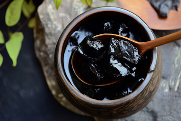 Top down view of shilajit honey in a jar with a spoon. Product shot of healthy mineral honey product.