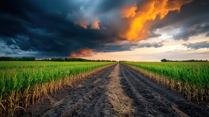 Obraz premium Majestic Skies Over Fertile Crop Fields at Dusk