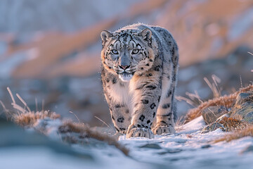 snow leopard walking across a snowy landscape. The leopard looks focused, with a confident and decisive look, his fur is covered with frost. 