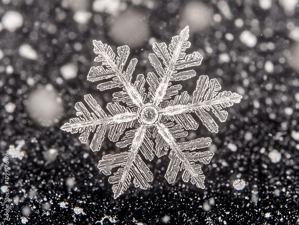 Poster Intricate snowflake macro shot against a bokeh background of falling snow.