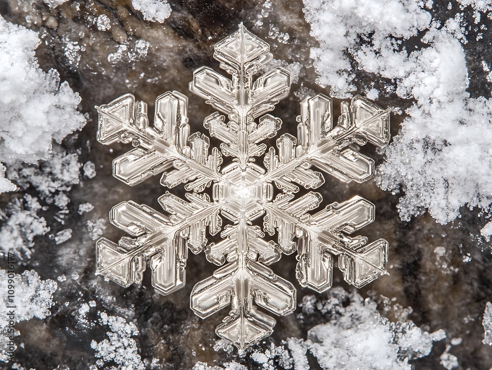 Poster intricate snowflake on dark background, surrounded by snow.