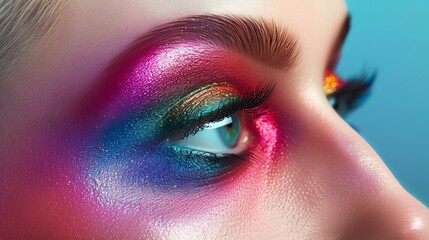 Close up of a woman's eye with colorful makeup.