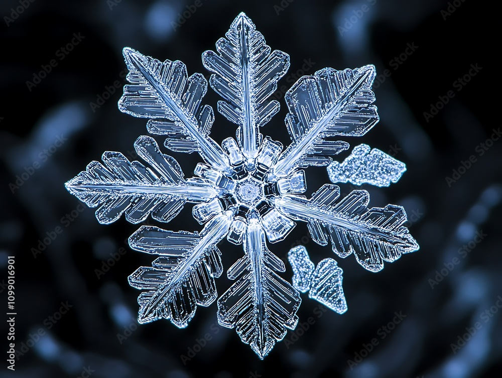 Poster intricate, detailed snowflake macro shot against a dark background.