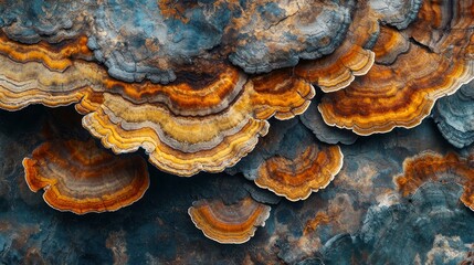 Obraz premium Close-up of vibrant orange, yellow, and blue shelf fungi on a dark textured surface.