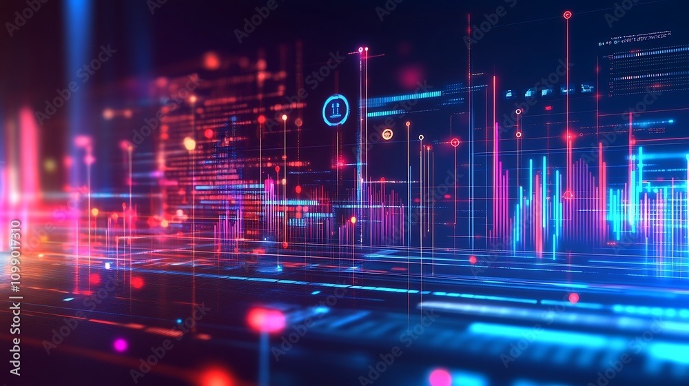 Poster abstract digital data visualization with neon lines and glowing code