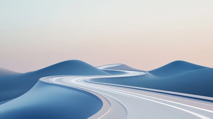 29.A curving 3D-rendered road with clear white lines, extending into an abstract landscape. The road bends smoothly, creating a sense of forward motion, perfect for promoting holidays, road trips, or