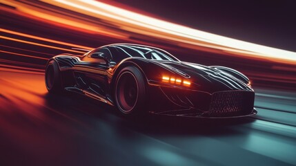 Obraz premium 33.A dynamic 3D illustration of a high-tech sports car in motion, showcasing a futuristic design with bold curves, streamlined bodywork, and illuminated headlights. The car is positioned from a low