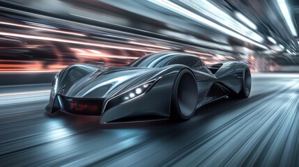 Fototapeta premium 34.A highly detailed 3D render of a futuristic sports car, viewed from a front angle, speeding along a futuristic roadway. The carâ€™s sleek contours, wide front grille, and glowing lights enhance its