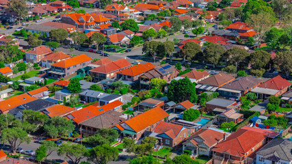 Naklejka premium Panorama aerial drone view of western Sydney Suburbs of Canterbury Burwood Ashfield Marrickville Campsie with Houses roads and parks in Sydney New South Wales NSW Australia