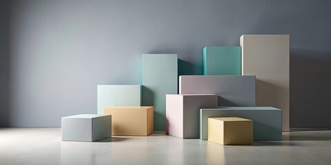 Obraz premium Pastel-colored geometric shapes arranged on a polished floor against a neutral backdrop, creating a minimalist composition for product display or artistic inspiration