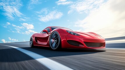 Obraz premium 20.A highly realistic 3D render of a luxury red car driving on a smooth, open road with clear lines. The sky is bright blue with light clouds, and the car polished exterior and sleek curves reflect