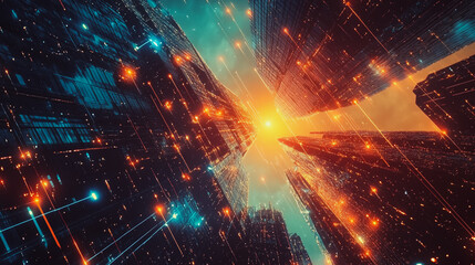 Obraz premium Smart digital Innovation city with connection network reciprocity over the sunset cityscape. of future wireless digital city and social media networking systems that connects people with in city