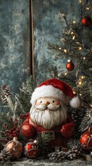 Obraz premium Create a festive copy space background for Christmas, showcasing charming ornaments like a cute Santa Claus, accented with twinkling lights and holiday greenery, providing a joyful canvas for seasonal